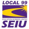 logo for SEIU Local 99, "Education Workers United," with a puple font on a white background, with a yellow accent color