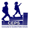 logo for Community for Excellent Public Schools, showing two school children using books as stair steps on their journey to better education